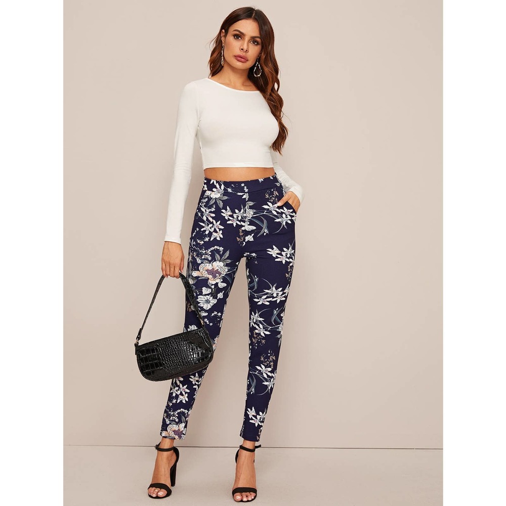 Floral Print High Waist Skinny Pants Minimalist Business Casual  navy blue - Picture 4 of 4